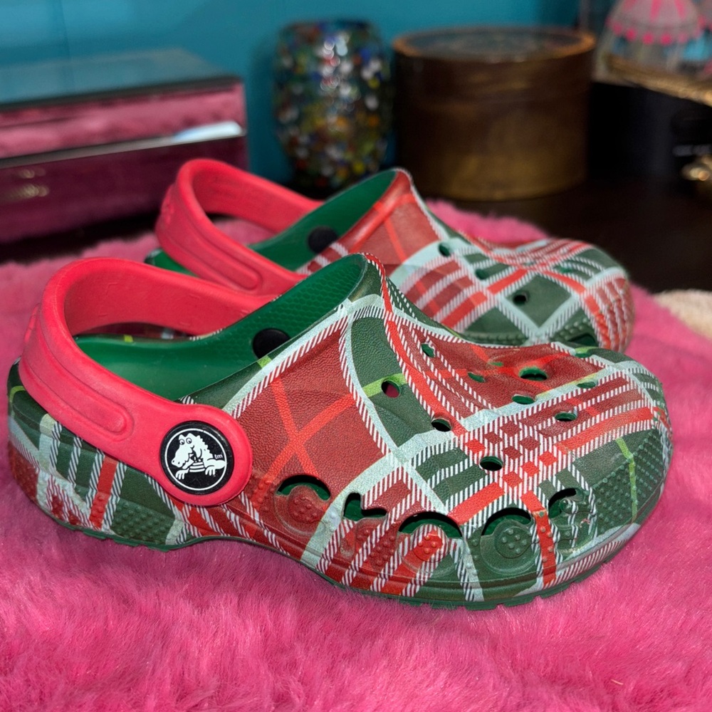 CROCS Red and Green Plaid Kids Sandals